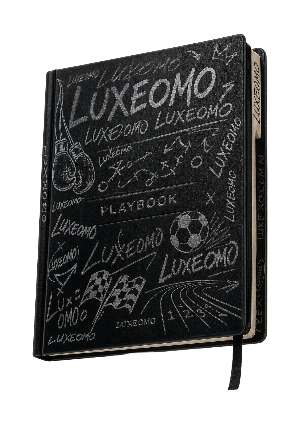 The Luxeomo Playbook — black leather journal covered in chalk graffiti
